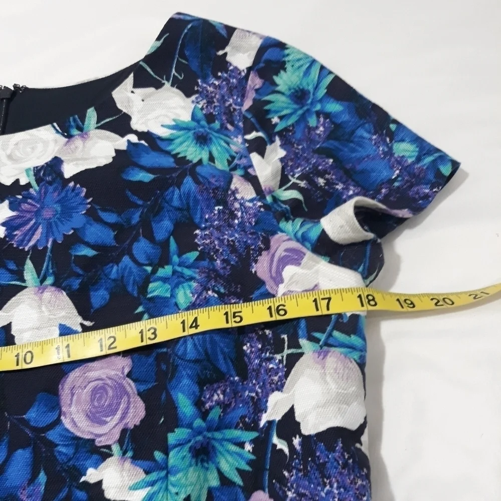 Talbots Dress Cotton Lined Floral Blue Back Zipper Short Sleeve Size 14